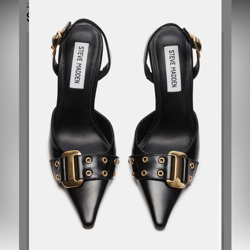 Steve Madden Black Pointed Toe Slingback Heels with Gold Buckle Detail - Picture 4 of 7